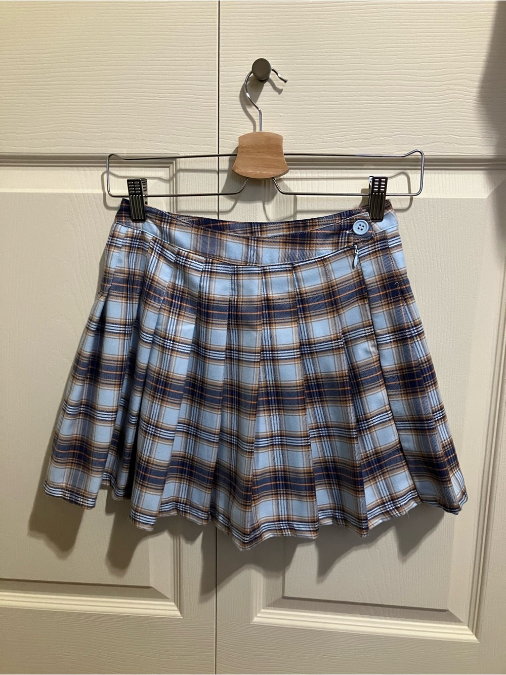 Forever 21 Light Blue Plaid Circle Skirt with Navy & Tan